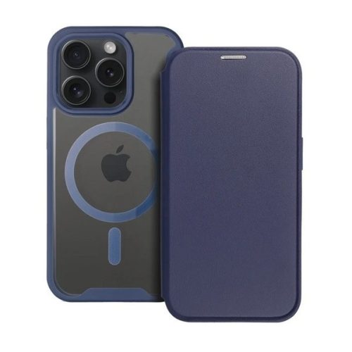 Apple iPhone 16 Pro Max, Oldalra nyíló tok, kártyatartóval, átlátszó hátlap, Magsafe kompatibilis, Smart Mag, sötétkék