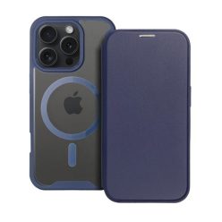   Apple iPhone 16 Pro, Oldalra nyíló tok, kártyatartóval, átlátszó hátlap, Magsafe kompatibilis, Smart Mag, sötétkék