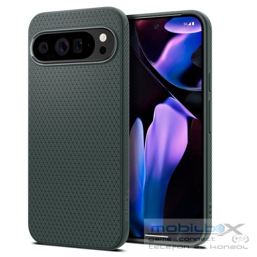 Google Pixel 9 Pro XL, Szilikon tok, Spigen Liquid Air, háromszög minta, sötétzöld