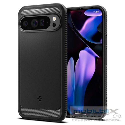 Google Pixel 9 Pro XL, Szilikon tok, Spigen Rugged Armor, karbon minta, fekete