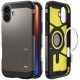 Apple iPhone 16 Plus, Szilikon tok + műanyag hátlap, Magsafe töltővel kompatibilis, kitámasztóval, Spigen Tough Armor Mag, sötétszürke