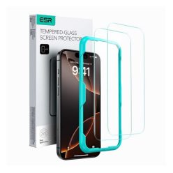   Apple iPhone 16 Pro, Kijelzővédő fólia, ütésálló fólia (az íves részre NEM hajlik rá!), Tempered Glass (edzett üveg), segéd kerettel, ESR, Clear, 2 db / csomag