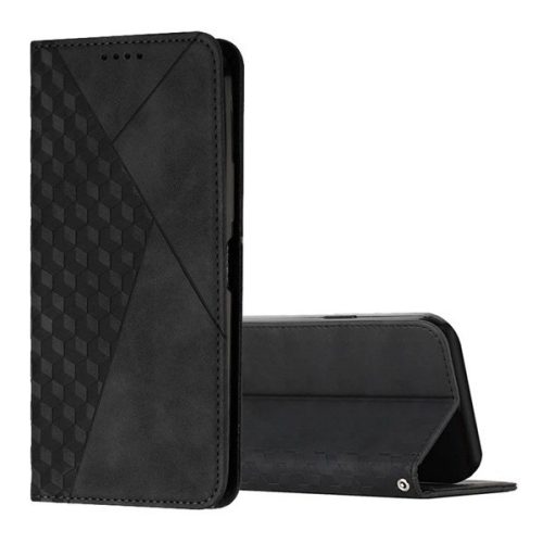 Xiaomi 14T Pro, Oldalra nyíló tok, bőrhatású, stand, 3D rombusz minta, fekete