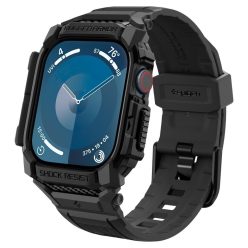   Apple Watch 10 (42 mm), Szilikon védőkeret, ütésálló, szíjjal, Spigen Rugged Armor Pro, fekete