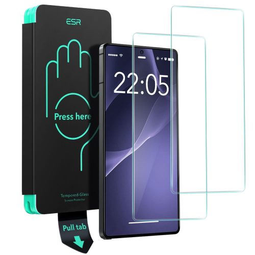 Samsung Galaxy S25 Ultra SM-S938, Kijelzővédő fólia, ütésálló fólia (az íves részre NEM hajlik rá!), Tempered Glass (edzett üveg), segéd kerettel, ESR, Clear, 2 db / csomag
