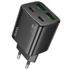 Hálózati töltő adapter, 30W, 2 x USB aljzat, 2 x USB Type-C aljzat, USB Type-C - Lightning kábellel, gyorstöltés, PD, GaN, QC 3.0, Hoco N56 Fundador, fekete