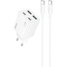 Hálózati töltő adapter, 30W, 2 x USB aljzat, 2 x USB Type-C aljzat, USB Type-C - USB Type-C kábellel, gyorstöltés, PD, GaN, QC 3.0, Hoco N56 Fundador, fehér