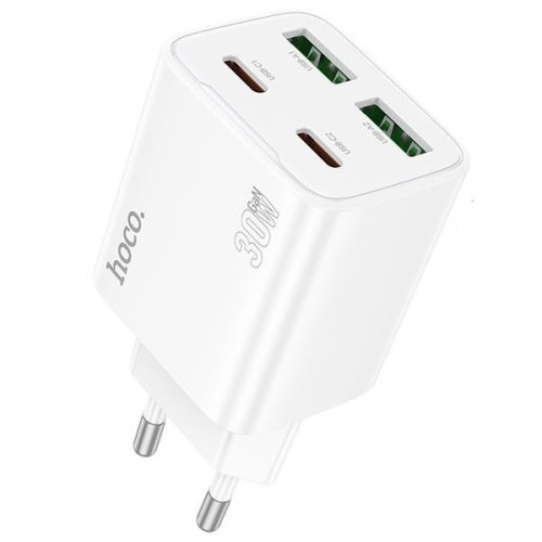 Hálózati töltő adapter, 30W, 2 x USB aljzat, 2 x USB Type-C aljzat, USB Type-C - USB Type-C kábellel, gyorstöltés, PD, GaN, QC 3.0, Hoco N56 Fundador, fehér