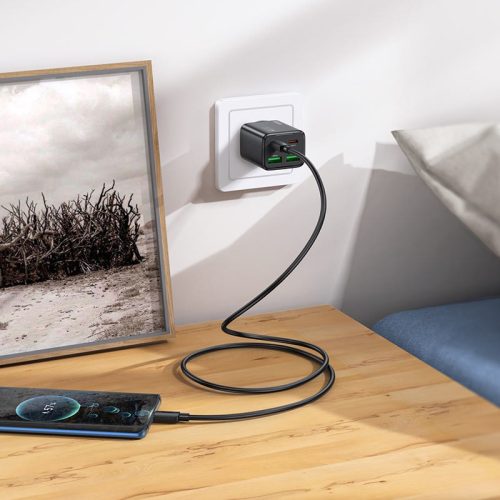 Hálózati töltő adapter, 30W, 2 x USB aljzat, 2 x USB Type-C aljzat, USB Type-C - USB Type-C kábellel, gyorstöltés, PD, GaN, QC 3.0, Hoco N56 Fundador, fehér