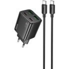 Hálózati töltő adapter, 30W, 2 x USB aljzat, 2 x USB Type-C aljzat, USB Type-C - USB Type-C kábellel, gyorstöltés, PD, GaN, QC 3.0, Hoco N56 Fundador, fekete