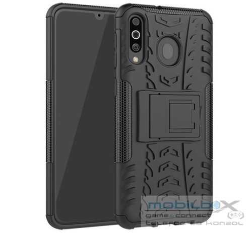 Samsung Galaxy M30 SM-M305F, Műanyag hátlap védőtok, Defender, kitámasztóval és szilikon belsővel, autógumi minta, fekete