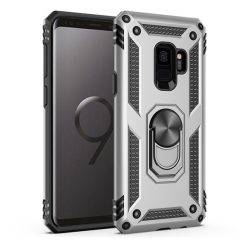   Samsung Galaxy S9 SM-G960, Műanyag hátlap védőtok, közepesen ütésálló, szilikon belső, telefontartó gyűrű, Defender, ezüst