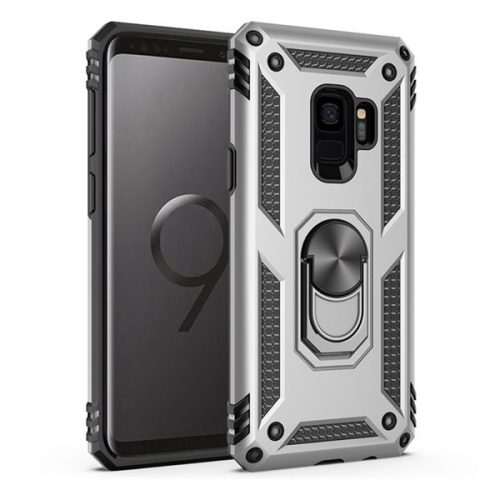 Samsung Galaxy S9 SM-G960, Műanyag hátlap védőtok, közepesen ütésálló, szilikon belső, telefontartó gyűrű, Defender, ezüst