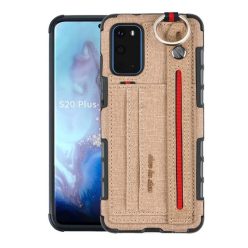   Samsung Galaxy S20 / S20 5G SM-G980 / G981, Szilikon tok, közepesen ütésálló, stand, textil hátlap, felakasztható, kézpánttal, világosbarna