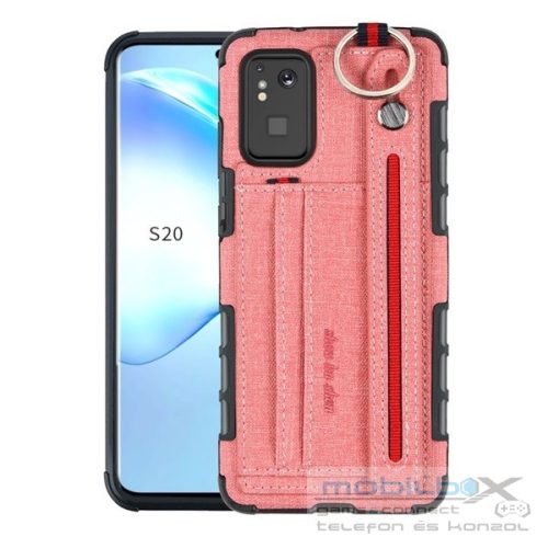 Samsung Galaxy S20 Plus / S20 Plus 5G SM-G985 / G986, Szilikon tok, közepesen ütésálló, stand, textil hátlap, felakasztható, kézpánttal, rózsaszín