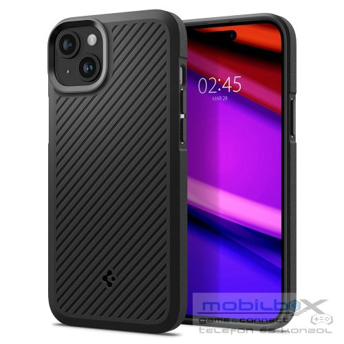 Apple iPhone 15 Plus, Szilikon tok, Spigen Core Armor, csíkos minta, fekete