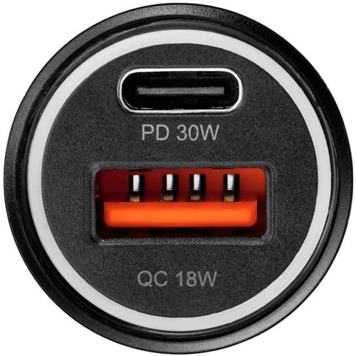 Autós töltő, Szivargyújtós töltő, 30W, USB aljzat, USB Type-C aljzat, USB Type-C - USB Type-C kábellel, gyorstöltés, QC 3.0, PD, AFC, PPS, Blue Star, fekete