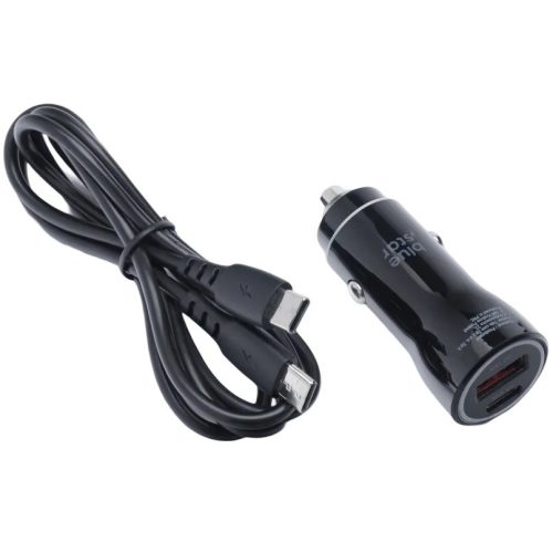 Autós töltő, Szivargyújtós töltő, 30W, USB aljzat, USB Type-C aljzat, USB Type-C - USB Type-C kábellel, gyorstöltés, QC 3.0, PD, AFC, PPS, Blue Star, fekete