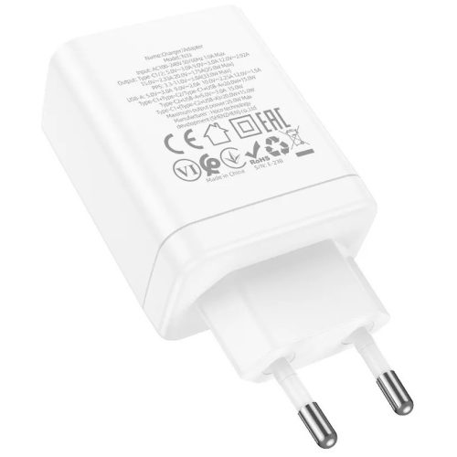 Hálózati töltő adapter, 35W, USB aljzat, 2 x USB Type-C aljzat, gyorstöltés, PD, QC 3.0, FCP, AFC, PPS, Hoco N33 Start, fehér