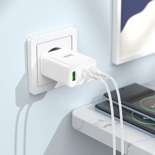 Hálózati töltő adapter, 35W, USB aljzat, 2 x USB Type-C aljzat, gyorstöltés, PD, QC 3.0, FCP, AFC, PPS, Hoco N33 Start, fehér