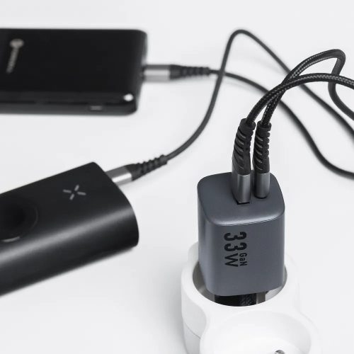 Hálózati töltő adapter, 33W, USB aljzat, USB Type-C aljzat, gyorstöltés, PD, GaN, QC 4.0, Forcell F-Energy VT-31, szürke