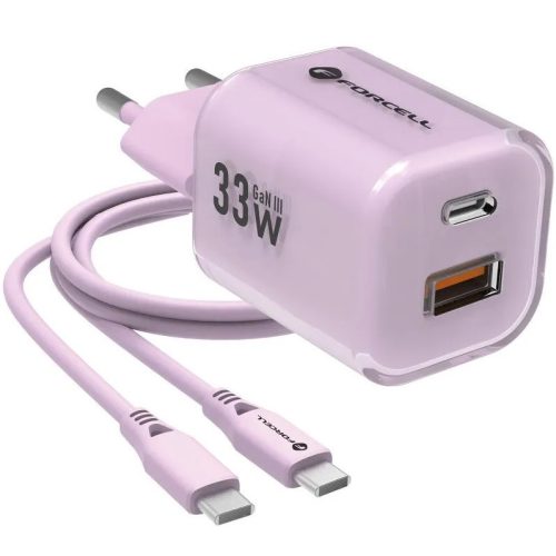 Hálózati töltő adapter, 33W, USB aljzat, USB Type-C aljzat, USB Type-C - USB Type-C kábellel, gyorstöltés, PD, GaN3, QC 4.0, Forcell F-Energy Crystal Colour VT-41, lila