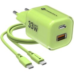   Hálózati töltő adapter, 33W, USB aljzat, USB Type-C aljzat, USB Type-C - USB Type-C kábellel, gyorstöltés, PD, GaN3, QC 4.0, Forcell F-Energy Crystal Colour VT-41, zöld