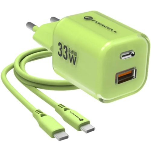 Hálózati töltő adapter, 33W, USB aljzat, USB Type-C aljzat, USB Type-C - USB Type-C kábellel, gyorstöltés, PD, GaN3, QC 4.0, Forcell F-Energy Crystal Colour VT-41, zöld