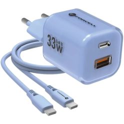   Hálózati töltő adapter, 33W, USB aljzat, USB Type-C aljzat, USB Type-C - USB Type-C kábellel, gyorstöltés, PD, GaN3, QC 4.0, Forcell F-Energy Crystal Colour VT-41, kék