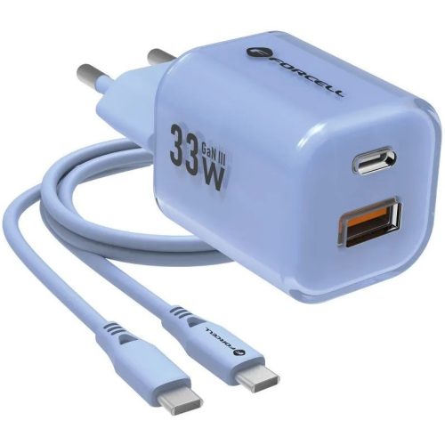 Hálózati töltő adapter, 33W, USB aljzat, USB Type-C aljzat, USB Type-C - USB Type-C kábellel, gyorstöltés, PD, GaN3, QC 4.0, Forcell F-Energy Crystal Colour VT-41, kék