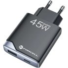 Hálózati töltő adapter, 45W, USB aljzat, USB Type-C aljzat, gyorstöltés, PD, QC 4.0, GaN, Forcell F-Energy GaN III B245202, fekete