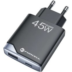   Hálózati töltő adapter, 45W, USB aljzat, USB Type-C aljzat, gyorstöltés, PD, QC 4.0, GaN, Forcell F-Energy GaN III B245202, fekete