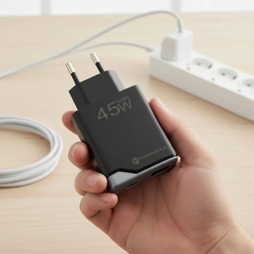 Hálózati töltő adapter, 45W, USB aljzat, USB Type-C aljzat, gyorstöltés, PD, QC 4.0, GaN, Forcell F-Energy GaN III B245202, fekete
