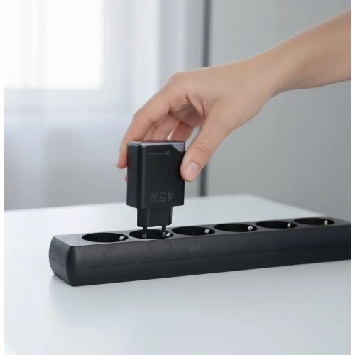 Hálózati töltő adapter, 45W, USB aljzat, USB Type-C aljzat, gyorstöltés, PD, QC 4.0, GaN, Forcell F-Energy GaN III B245202, fekete