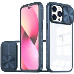   Apple iPhone 15 Pro Max, Műanyag hátlap + szilikon keret, átlátszó akril hátlap, kamera védelem, Wooze Trendy, sötétkék
