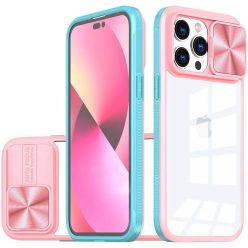   Apple iPhone 13 Pro Max, Műanyag hátlap + szilikon keret, átlátszó akril hátlap, kamera védelem, Wooze Trendy, rózsaszín/kék