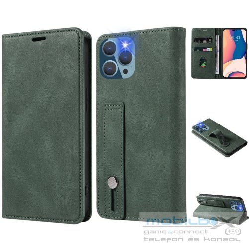 Samsung Galaxy A35 5G SM-A356B, Oldalra nyíló tok, stand, kártyatartóval, kézpánttal, Wooze Business Plus, sötétzöld