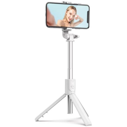Prémium selfie bot, 19 - 70 cm, 360°-ban forgatható, exponáló gombbal, bluetooth-os, v4.0, tripod állvány funkció, R1, fehér
