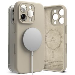   Apple iPhone 16 Pro Max, Szilikon tok, mikrofiber belső, közepesen ütésálló, Magsafe kompatibilis, Ringke Silicone Magnetic, tört-fehér