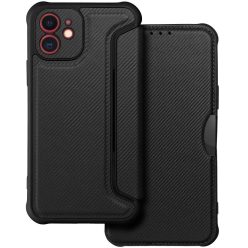   Apple iPhone 16 Pro, Oldalra nyíló tok, légpárnás sarok, bőrhatású, karbon minta, Razor Book, fekete