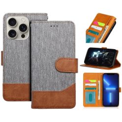   Samsung Galaxy A15 4G / A15 5G SM-A155F / A156B, Oldalra nyíló tok, stand, kártyatartóval, farmer minta, Jeans Book, szürke