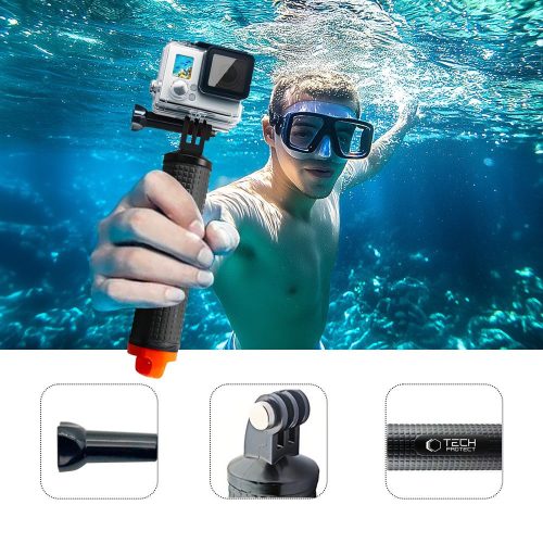 Prémium kézi állvány, float hand grip, GoPro / DJI sportkamerákhoz, tároló rekesszel, kézpánttal, Tech-Protect GA100 Float Hand Grip, fekete