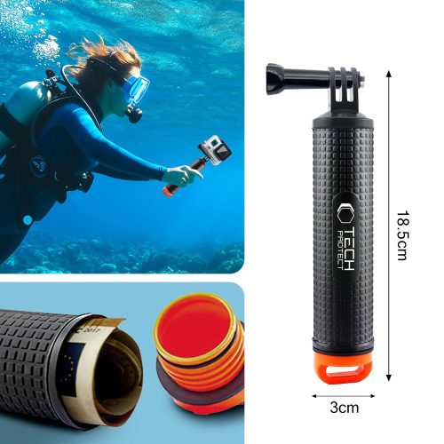Prémium kézi állvány, float hand grip, GoPro / DJI sportkamerákhoz, tároló rekesszel, kézpánttal, Tech-Protect GA100 Float Hand Grip, fekete