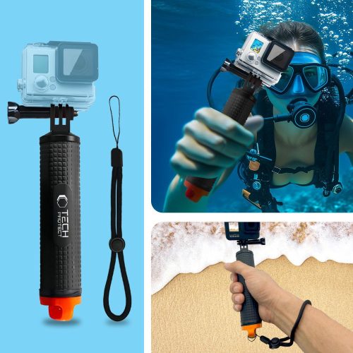 Prémium kézi állvány, float hand grip, GoPro / DJI sportkamerákhoz, tároló rekesszel, kézpánttal, Tech-Protect GA100 Float Hand Grip, fekete