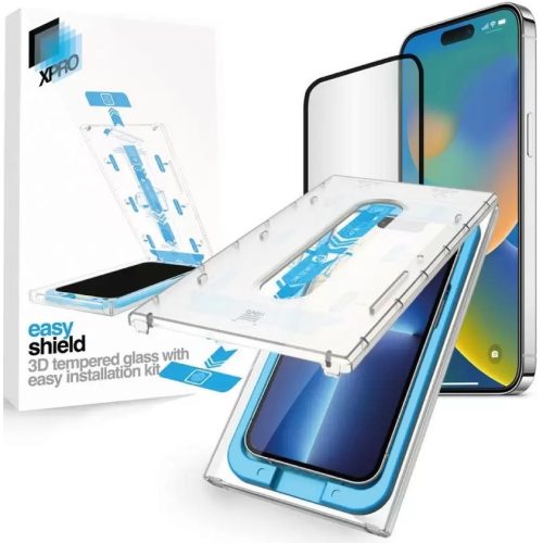Apple iPhone 13 / 13 Pro / 14 / 16e, Kijelzővédő fólia, ütésálló fólia (az íves részre is!), Tempered Glass (edzett üveg), felhelyező készlettel, Xprotector Eady Shield 3D, fekete