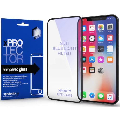 Apple iPhone 16 Pro / 17 / 17 Pro, Kijelzővédő, ütésálló fólia (az íves részre is!), Tempered Glass (edzett üveg), kékfény elleni védelem. Xprotector Anti Blue Light, fekete