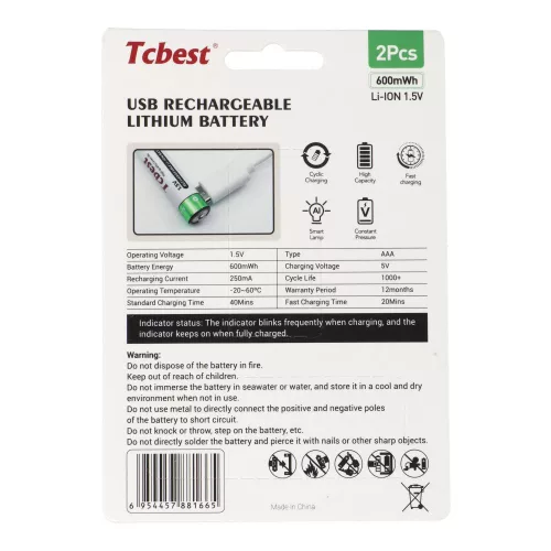 TCBEST újratölthető R3 (AAA) elem 180 mAh, USB-C csatlakozóval és töltőkábellel (2db)