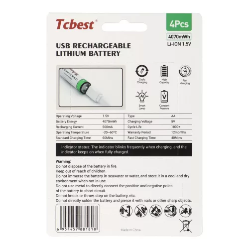 TCBEST újratölthető R6 (AA) elem 1100 mAh, USB-C csatlakozóval és töltőkábellel (4db)