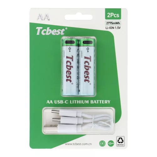 TCBEST újratölthető R6 (AA) elem 750 mAh, USB-C csatlakozóval és töltőkábellel (2db)