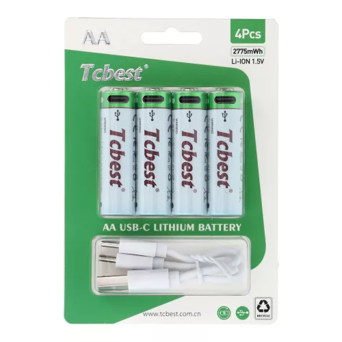 TCBEST újratölthető R6 (AA) elem 750 mAh, USB-C csatlakozóval és töltőkábellel (4db)